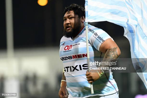 Racing 92's New Zealander prop Ben Tameifuna celebrates at the end of the French Top 14 rugby union match between Racing 92 and SU Agen, at La Rabine...