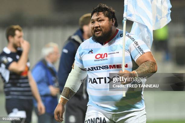 Racing 92's New Zealander prop Ben Tameifuna celebrates at the end of the French Top 14 rugby union match between Racing 92 and SU Agen, at La Rabine...