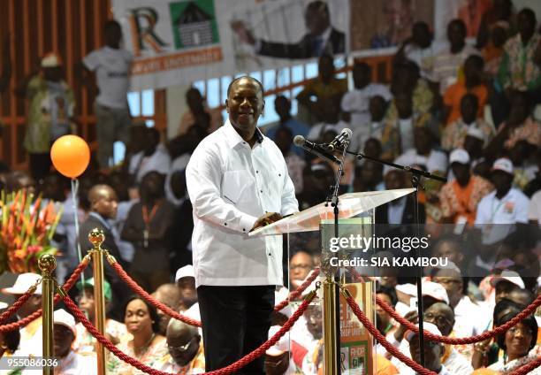 Ivorian President and leader of the liberal party RDR Alassane Ouattara , speaks during an extraordinary congress of the RDR on May 5, 2018 in...