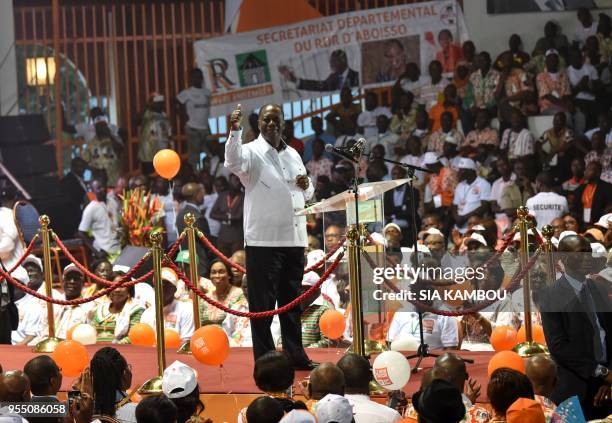 Ivorian President and leader of the liberal party RDR Alassane Ouattara , speaks during an extraordinary congress of the RDR on May 5, 2018 in...