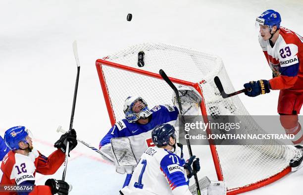 Slovakia's goalie Marek Ciliak reacts as the puck passes over his head during the 2018 IIHF Men's Ice Hockey World Championship match between Czech...