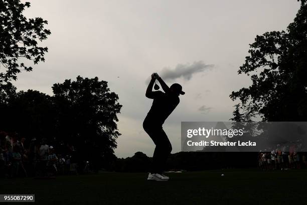 Jason Day of Australia plays his tee shot on the 15th hole during the third round of the 2018 Wells Fargo Championship at Quail Hollow Club on May 5,...