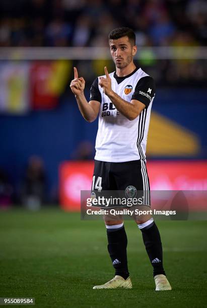 Jose Luis Gaya of Valencia reacts during the La Liga match between Villarreal and Valencia at Estadio de la Ceramica on May 5, 2018 in Villarreal,...