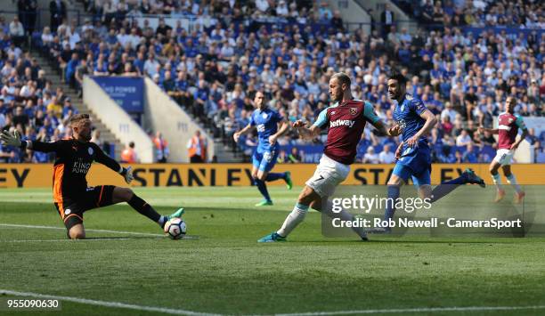 West Ham United's Marko Arnautovic is foiled by Leicester City's Ben Hamer during the Premier League match between Leicester City and West Ham United...