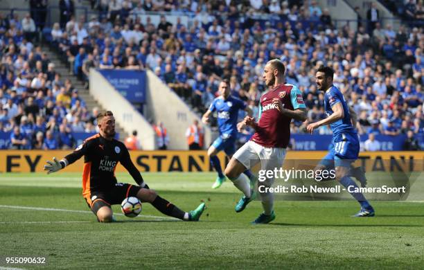 West Ham United's Marko Arnautovic is foiled by Leicester City's Ben Hamer during the Premier League match between Leicester City and West Ham United...
