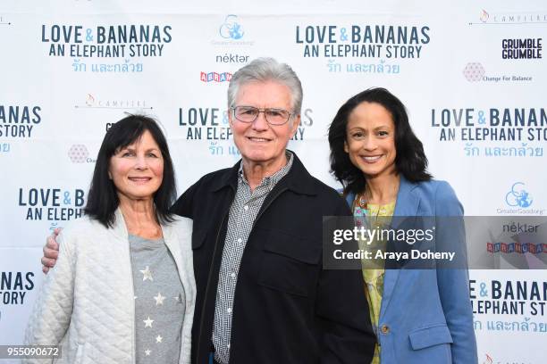 Cynthia Lee Doty, Kent McCord and Anne-Marie Johnson attend the Love & Bananas: An Elephant Story Los Angeles premiere at Laemmle Music Hall on May...