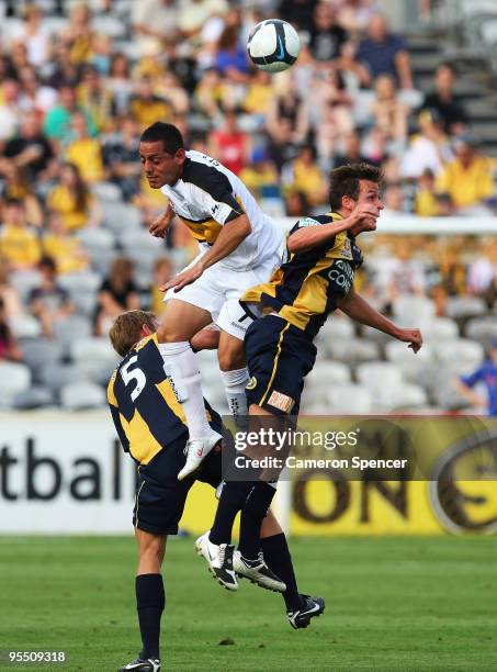 Leo Bertos of the Phoenix heads the ball during the round 21 A-League match between the Central Coast Mariners and the Wellington Phoenix at...