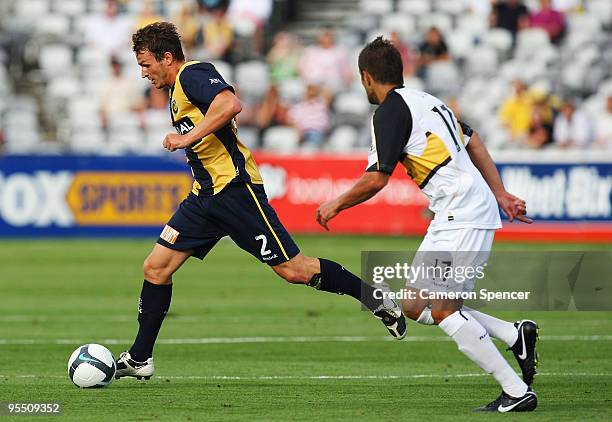 Matthew Crowell of the Mariners dribbles the ball during the round 21 A-League match between the Central Coast Mariners and the Wellington Phoenix at...