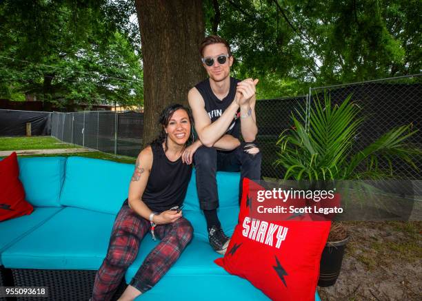 Kim Schifino and Matt Johnson of Matt and Kim pose backstage at Shaky Knees Music Festival at Atlanta Central Park on May 5, 2018 in Atlanta, Georgia.