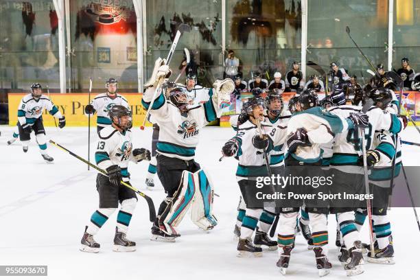 Cathay Flyers squad invades the ring after winning the Mega Ice Hockey 5s International Elite Final match between Nordic Vikings and Cathay Flyers on...