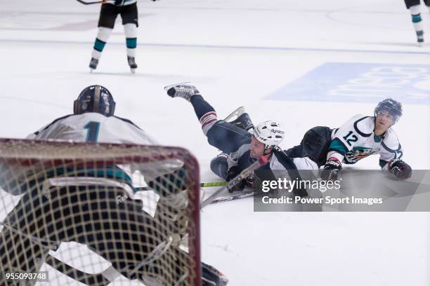 Patrick Ruiz of Nordic Vikings fights for the puck with Lukas Manco of Cathay Flyers during the Mega Ice Hockey 5s International Elite Final match...