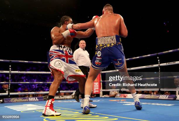 Tony Bellew knocks down David Haye during Heavyweight fight between Tony Bellew and David Haye at The O2 Arena on May 5, 2018 in London, England.