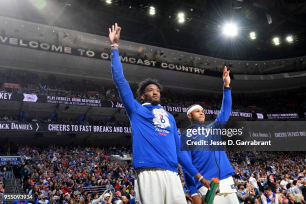 May 5: Robert Covington and Justin Anderson of the Philadelphia 76ers reacts against the Boston Celtics during Game Three of the Eastern Conference...