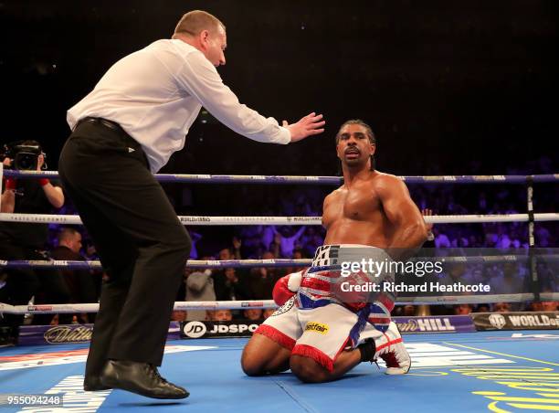 David Haye reacts to losing during Heavyweight fight between Tony Bellew and David Haye at The O2 Arena on May 5, 2018 in London, England.