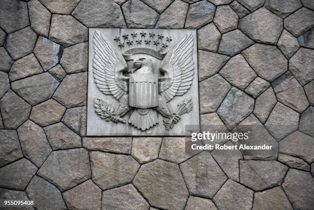Stone version of the Great Seal of the United States embellishes the exterior of the Rayburn House Office Building in Washington, D.C.