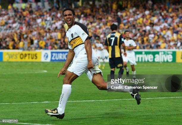 Paul Ifill of the Phoenix celebrates scoring a goal during the round 21 A-League match between the Central Coast Mariners and the Wellington Phoenix...