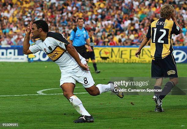 Paul Ifill of the Phoenix celebrates scoring a goal during the round 21 A-League match between the Central Coast Mariners and the Wellington Phoenix...