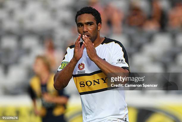 Paul Ifill of the Phoenix reacts to his attempt at goal during the round 21 A-League match between the Central Coast Mariners and the Wellington...