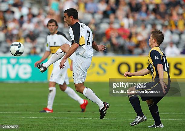 Emmanuel Muscat of the Phoenix kicks the ball during the round 21 A-League match between the Central Coast Mariners and the Wellington Phoenix at...