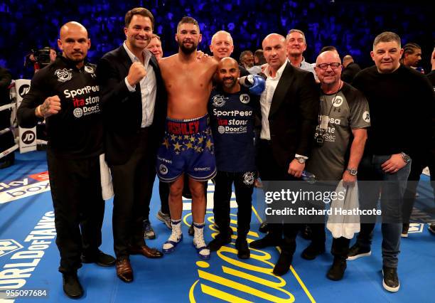 Tony Bellew and his team celebrate victory after Heavyweight fight between Tony Bellew and David Haye at The O2 Arena on May 5, 2018 in London,...