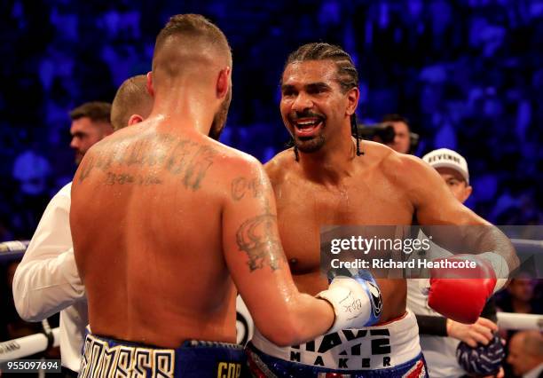 David Haye and Tony Bellew embrace after Heavyweight fight between Tony Bellew and David Haye at The O2 Arena on May 5, 2018 in London, England.