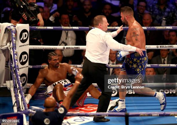 The referee stops the fight as Tony Bellew punches David Haye during Heavyweight fight between Tony Bellew and David Haye at The O2 Arena on May 5,...