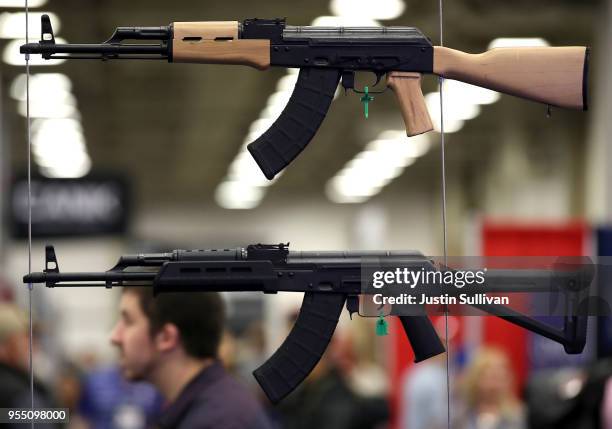 Rifles are displayed during the NRA Annual Meeting & Exhibits at the Kay Bailey Hutchison Convention Center on May 5, 2018 in Dallas, Texas. The...