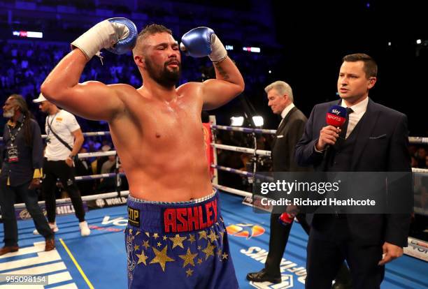 Tony Bellew celebrates victory after Heavyweight fight between Tony Bellew and David Haye at The O2 Arena on May 5, 2018 in London, England.