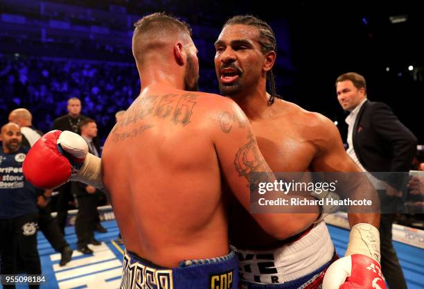 David Haye and Tony Bellew embrace after Heavyweight fight between Tony Bellew and David Haye at The O2 Arena on May 5, 2018 in London, England.