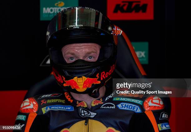 Bradley Smith of England and Red Bull KTM Factory Racing looks on in box during the qualifying practice during the MotoGp of Spain at Circuito de...
