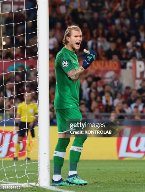 Liverpool's German goalkeeper Loris Karius gestures during the UEFA Champions League semifinal second leg football match AS Roma vs Liverpool FC at...