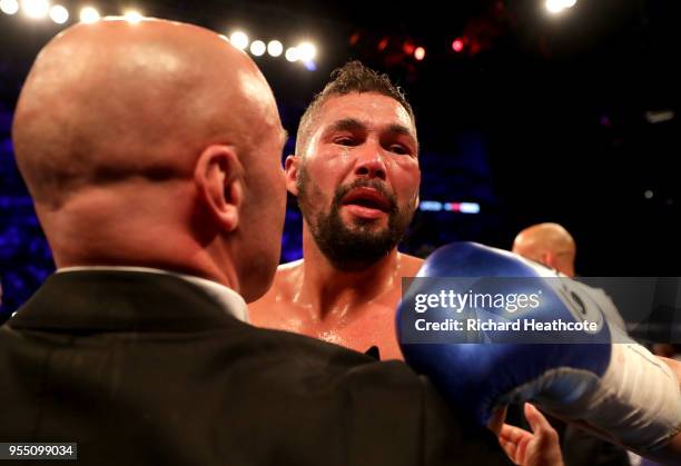 Tony Bellew reacts after victory in the Heavyweight fight between Tony Bellew and David Haye at The O2 Arena on May 5, 2018 in London, England.