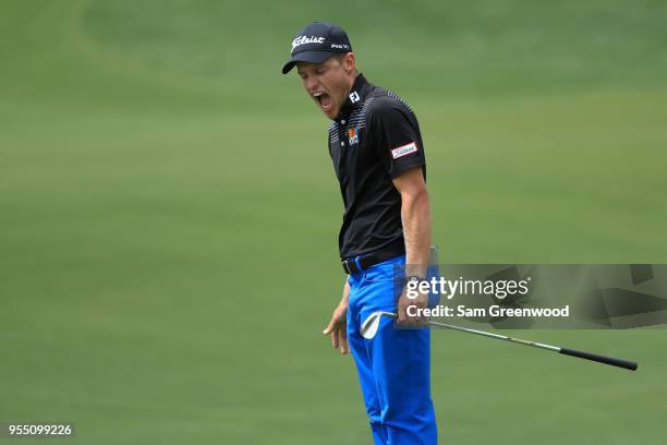 Peter Malnati reacts following a birdie attempt on the fifth hole during the third round of the 2018 Wells Fargo Championship at Quail Hollow Club on...