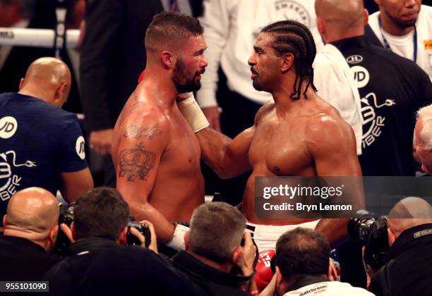 David Haye and Tony Bellew embrace after Heavyweight fight between Tony Bellew and David Haye at The O2 Arena on May 5, 2018 in London, England.