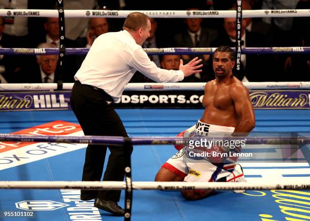 David Haye reacts to losing during Heavyweight fight between Tony Bellew and David Haye at The O2 Arena on May 5, 2018 in London, England.