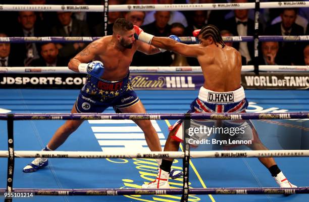 David Haye and Tony Bellew exchange punches during Heavyweight fight between Tony Bellew and David Haye at The O2 Arena on May 5, 2018 in London,...