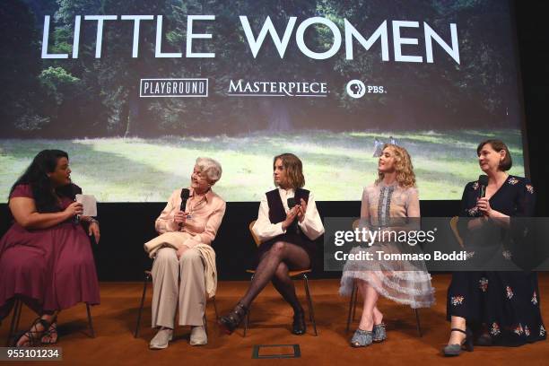 Angela Lansbury, Maya Hawke, Kathryn Newton and Heidi Thomas attend the "Little Women" FYC Reception And Panel Discussion at Linwood Dunn Theater at...