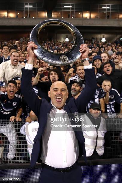 Victort coach, Kevin Muscat celebrates winning the 2018 A-League Grand Final match between the Newcastle Jets and the Melbourne Victory at McDonald...