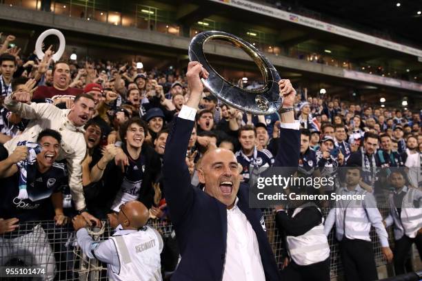 Victort coach, Kevin Muscat celebrates winning the 2018 A-League Grand Final match between the Newcastle Jets and the Melbourne Victory at McDonald...