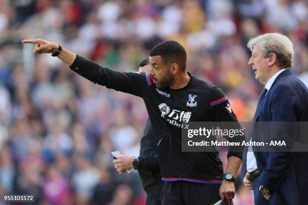 Roy Hodgson the head coach / manager of Crystal Palace with First Team Coach, Steven Reid during the Premier League match between Stoke City and...