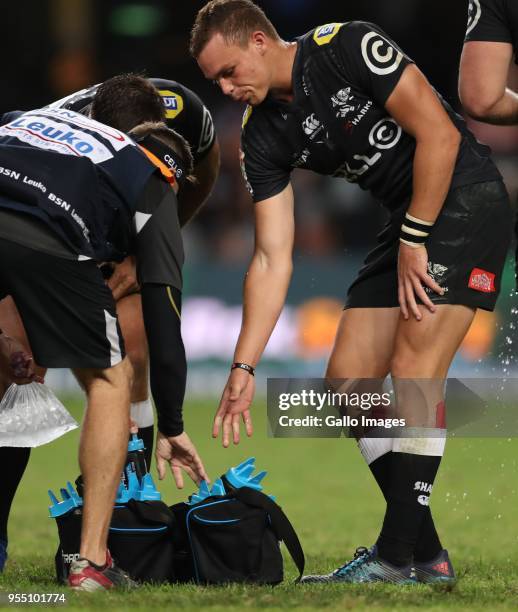 Curwin Bosch of the Cell C Sharks during the Super Rugby match between Cell C Sharks and Highlanders at Jonsson Kings Park Stadium on May 05, 2018 in...