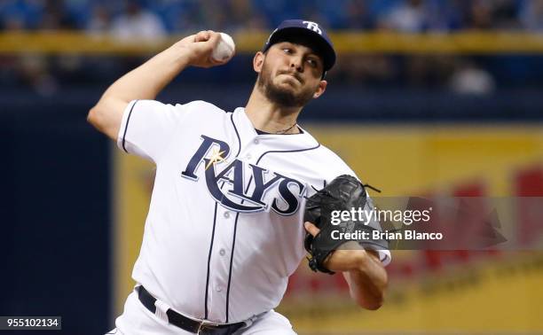 Pitcher Jacob Faria of the Tampa Bay Rays pitches during the first inning of a game against the Toronto Blue Jays on May 5, 2018 at Tropicana Field...