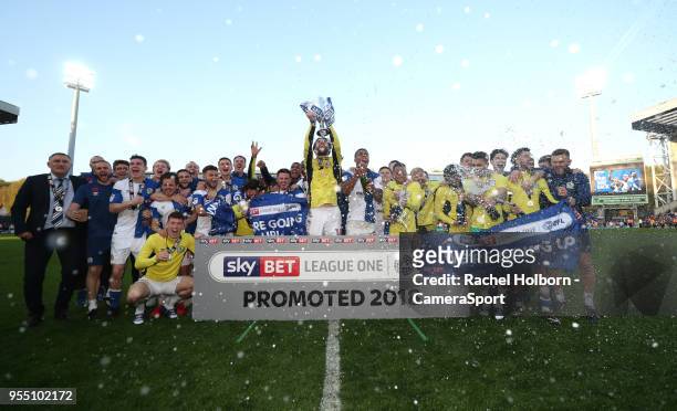 Blackburn Rovers' celebrate promotion during the Sky Bet League One match between Blackburn Rovers and Oxford United at Ewood Park on May 5, 2018 in...