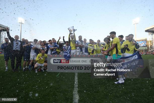 Blackburn Rovers' celebrate promotion during the Sky Bet League One match between Blackburn Rovers and Oxford United at Ewood Park on May 5, 2018 in...