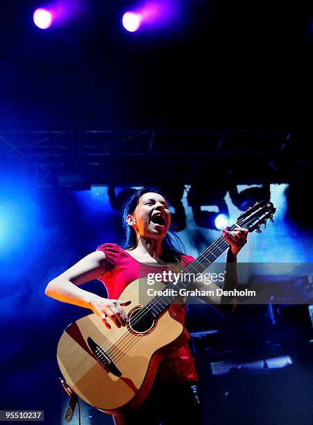 Gabriela Quintero of Rodrigo Y Gabriela performs on day three of The Falls Festival 2009 held in Otway rainforest on December 31, 2009 in Lorne,...