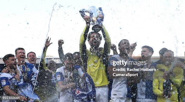 Blackburn Rovers' celebrate promotion during the Sky Bet League One match between Blackburn Rovers and Oxford United at Ewood Park on May 5, 2018 in...