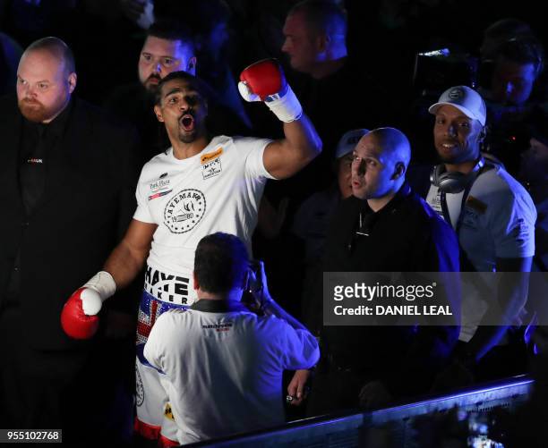 British boxer David Haye arrives for his heavyweight rematch with Britain's Tony Bellew at the O2 Arena in London on May 5, 2018. - Bellew won with a...