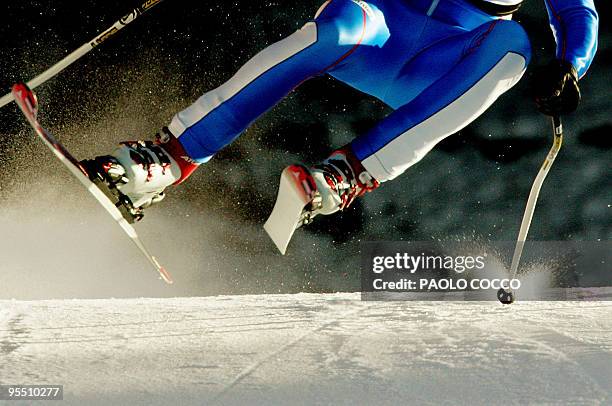 British Finlay Mickel jumps on his way to take the 23th best time of the 4th Ski World Cup Men's Downhill second day official training in the Italian...