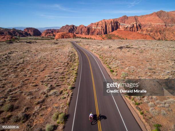 General aerial view of Age Group Triathletes biking through Snow Canyon during the IRONMAN 70.3 St George Utah on May 5, 2018 in St George, Utah.