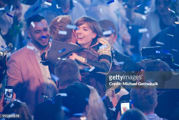 Marie Wegener, winner of Deutschland sucht den Superstar, hugs Dieter Bohlen, during the finals of the tv competition 'Deutschland sucht den...
